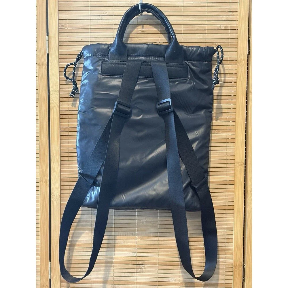 Black Drawstring Backpack Zip Front Pocket, Top Handle, Adjustable Straps